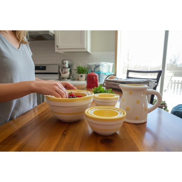 Grace's Pantry Other - Grace's Pantry Mixing Bowl Set & Pitcher Yellow White Polka Dot Striped 4pc NWOT